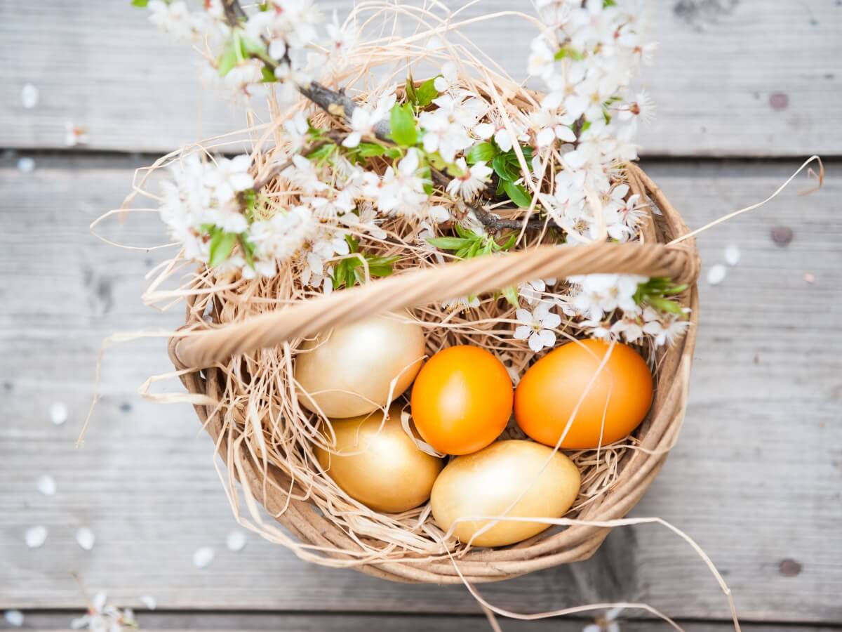 Veľkonočný košík s vajíčkami a konárikmi jablone.