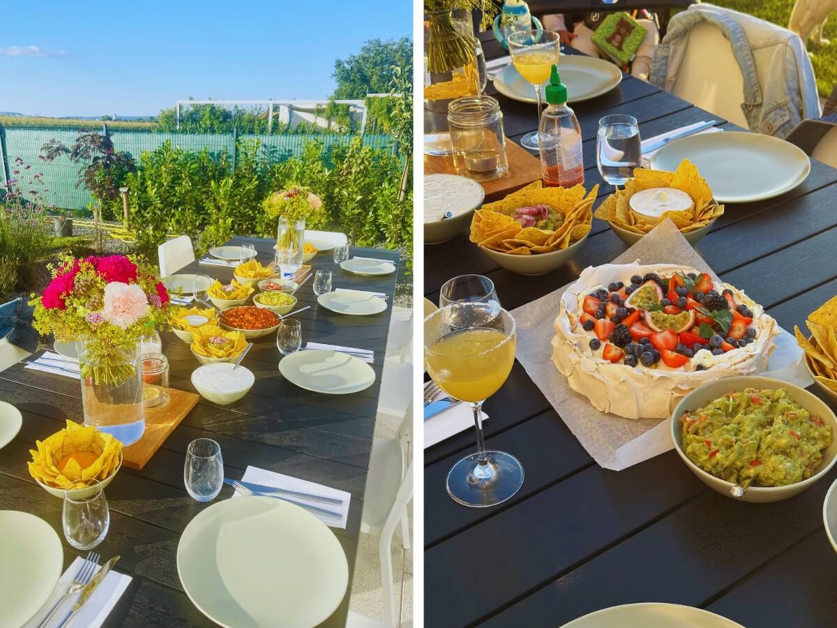 Občerstvenie na terase s kvetmi, nachos, guacamole, pavlovou tortou a ďalšími chuťovkami.