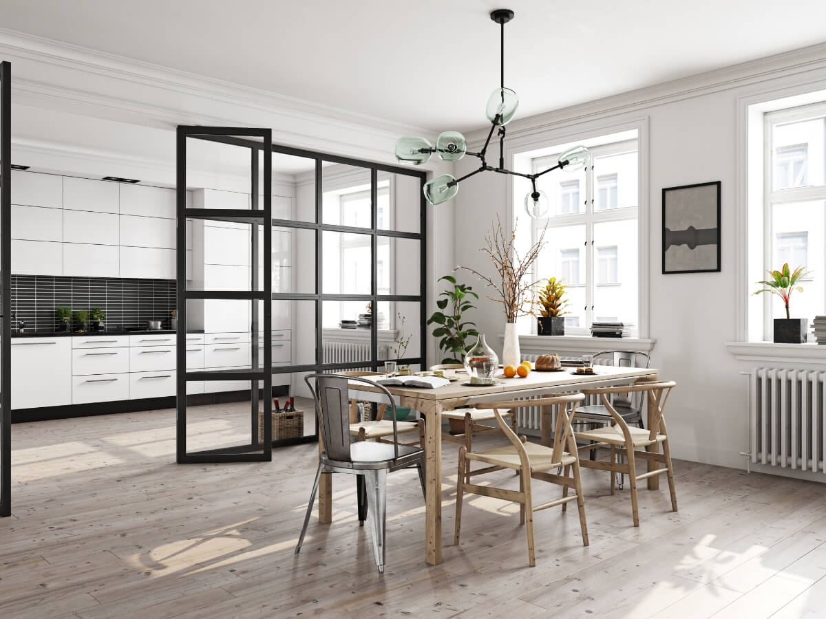Moderná minimalistická kuchyňa s jedálňou.
