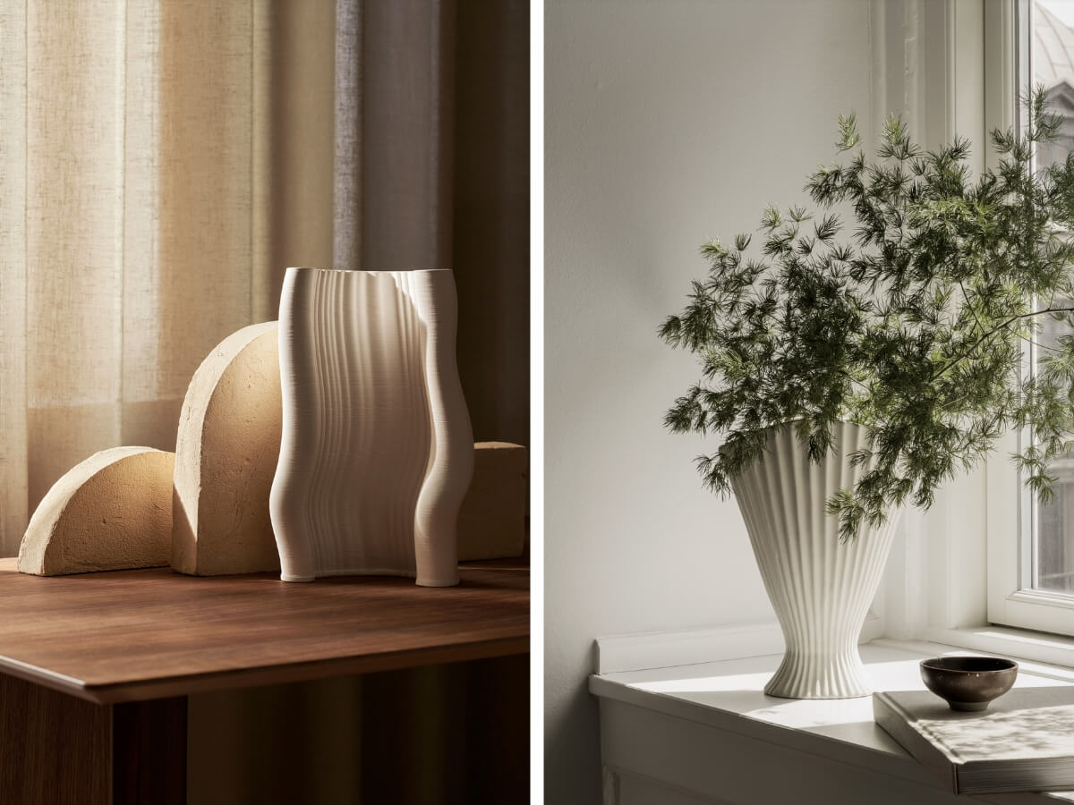 3D vytlačená dizajnová váza a biela keramická váza s ihličím.