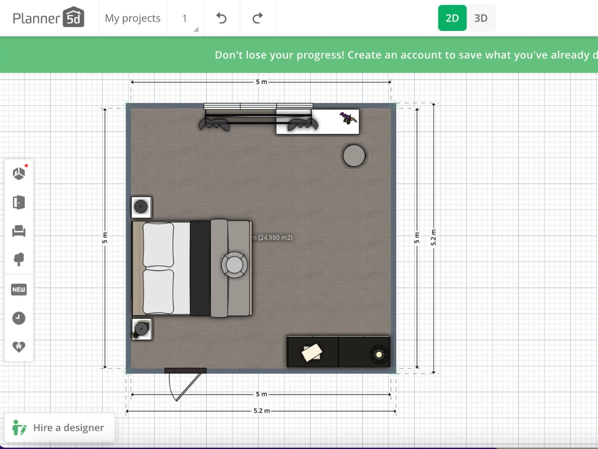 Návrh spálne v softvéri Planner 5D.
