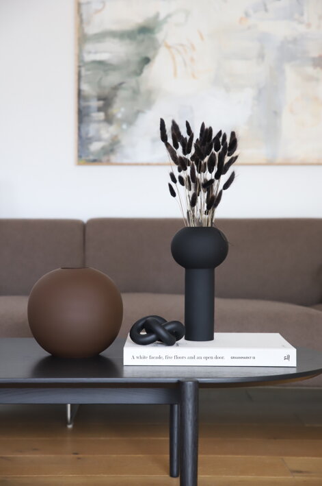 Čierna sušená tráva Lagurus v čiernej dizajnovej váze v obývačke
