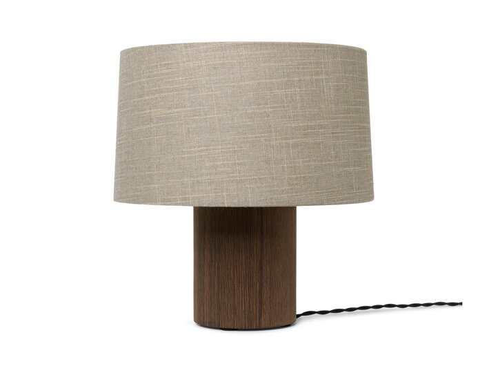 Valcová stolová lampa z hnedého dreva s okrúhlym bavlneným tienidlom