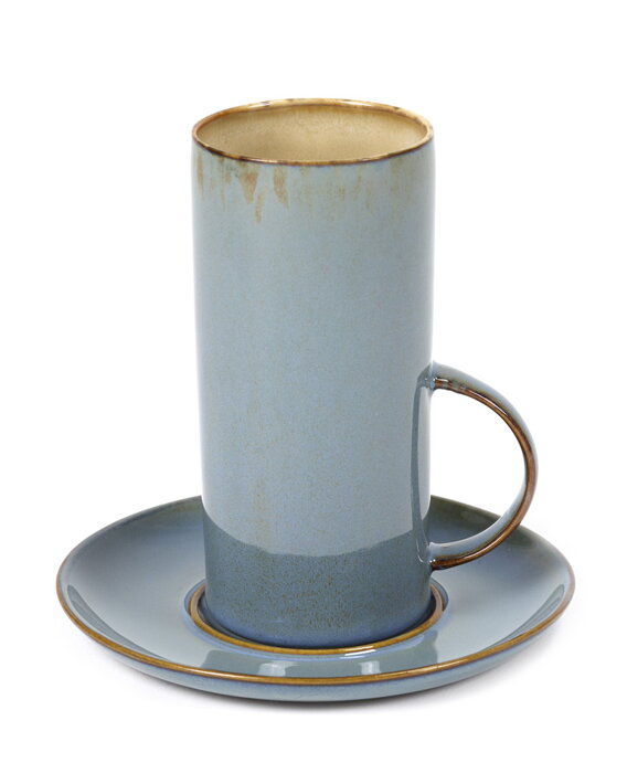 Vysoká sivomodrá šálka na čaj so sivomodrou podšálkou z keramiky