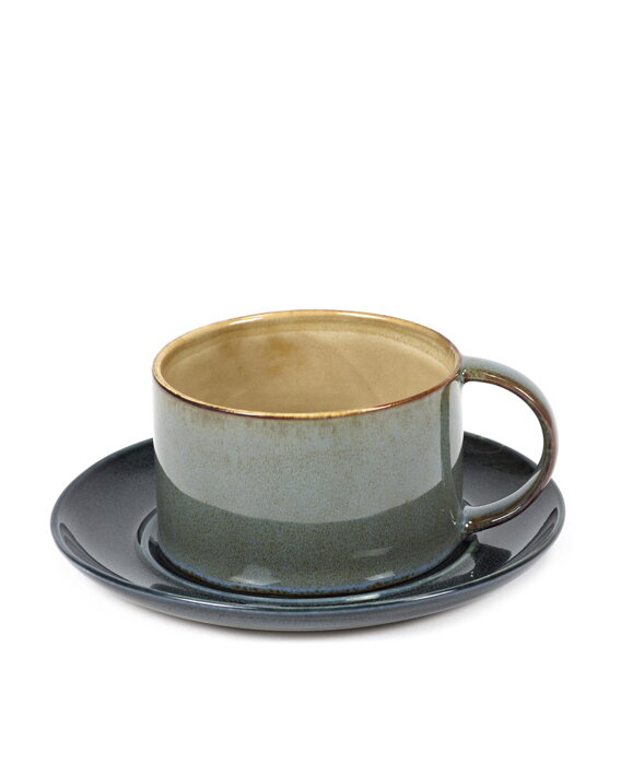 Tmavomodrá keramická podšálka na kávu so sivomodrou šálkou