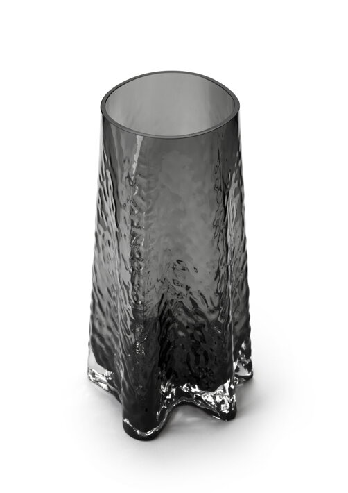Vysoká dizajnová váza z dymového skla s atypickým tvarom