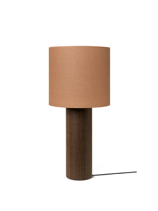 Valcová stojanová lampa z hnedého dreva s okrúhlym textilným tienidlom