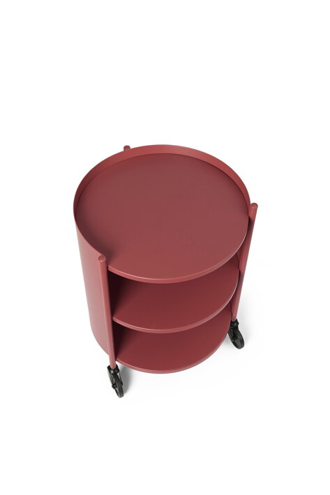 Praktický úložný stolček na kolieskach z červeného kovu