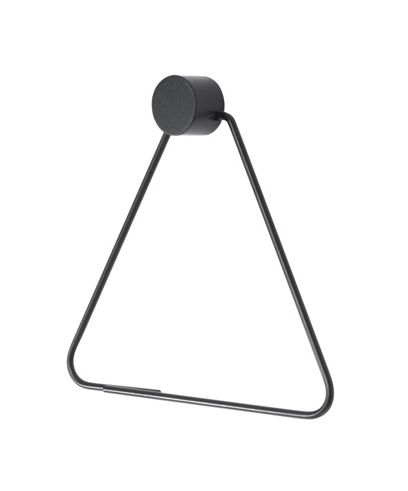 Čierny trojuholníkový držiak na toaletný papier s dreveným háčikom