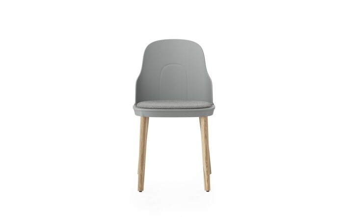Sivá jedálenská stolička s farebne zladeným čalúneným sedákom a s dubovými nohami