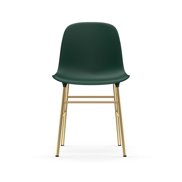 Pohľad spredu na zelenú jedálenskú stoličku s mosadznými nohami