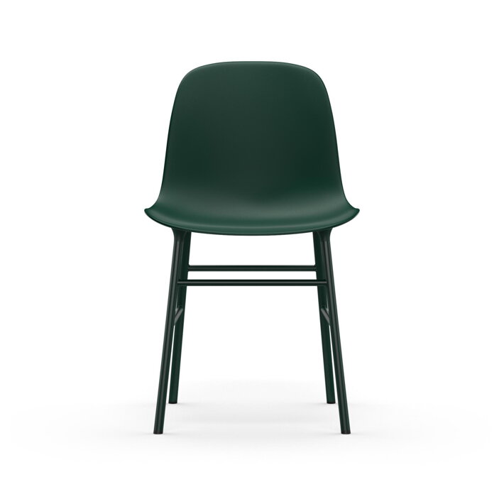 Pohľad spredu na zelenú jedálenskú stoličku s oceľovými nohami