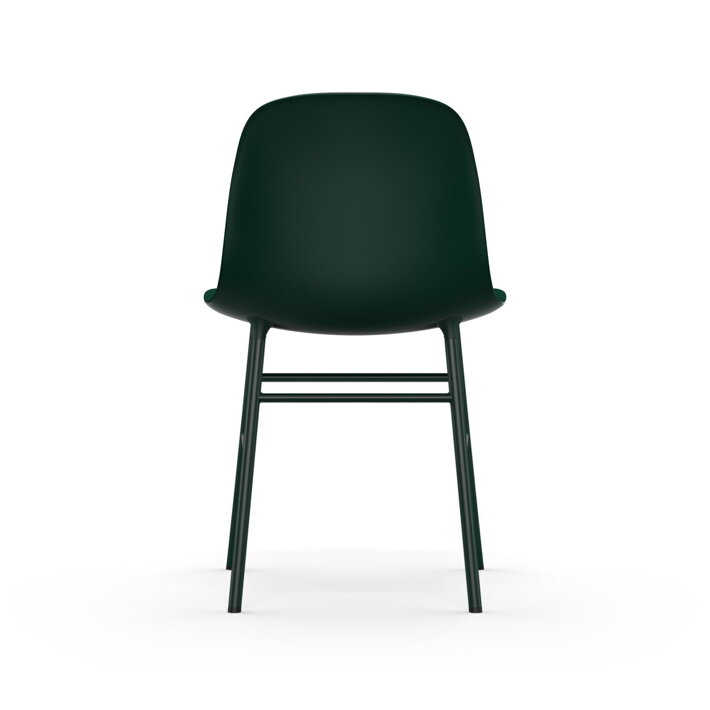 Zadná strana zelenej jedálenskej stoličky s oceľovými nohami