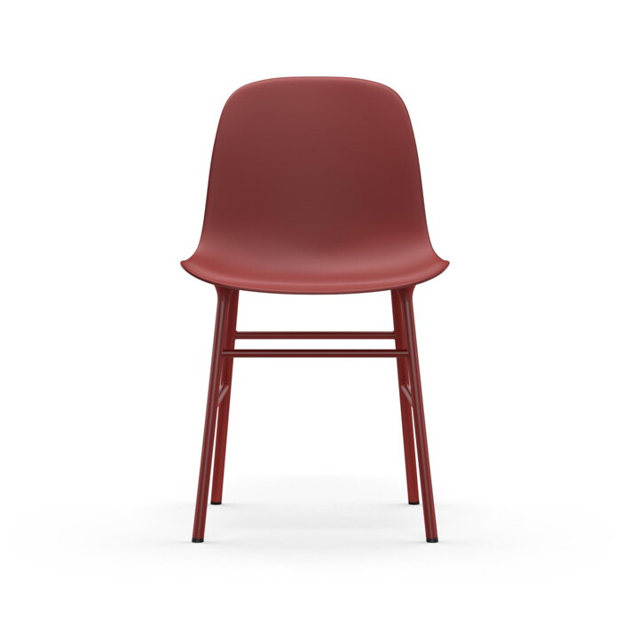 Pohľad spredu na červenú jedálenskú stoličku s oceľovými nohami