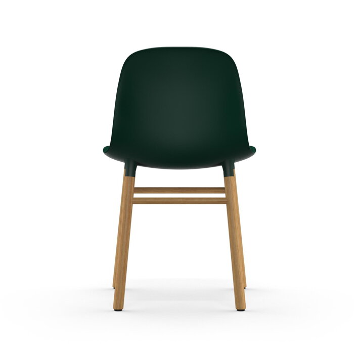 Zadná strana zelenej jedálenskej stoličky s dubovými nohami
