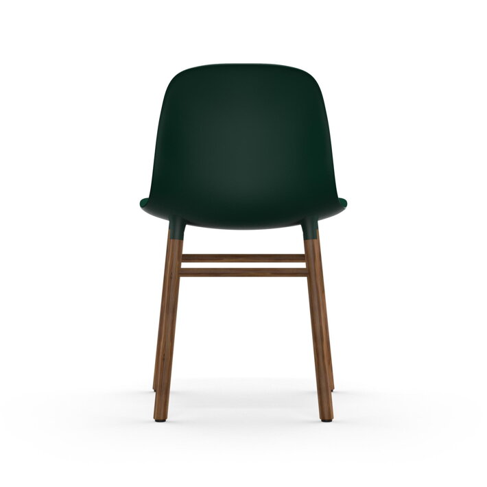 Zadná strana zelenej jedálenskej stoličky s orechovými nohami