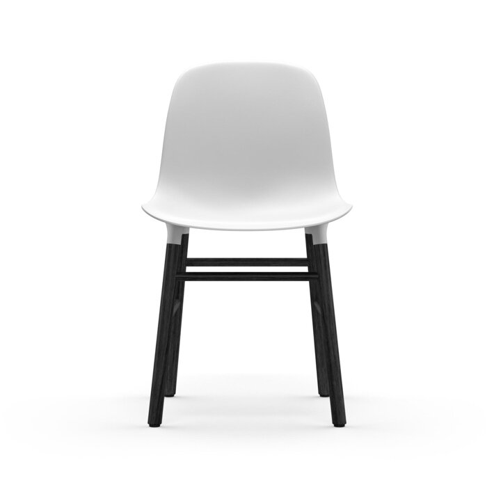 Pohľad spredu na bielu jedálenskú stoličku s čiernymi dubovými nohami