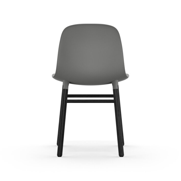 Zadná strana sivej jedálenskej stoličky s čiernymi dubovými nohami