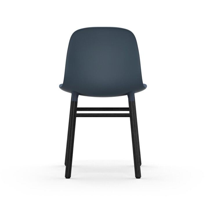 Zadná strana modrej jedálenskej stoličky s čiernymi dubovými nohami