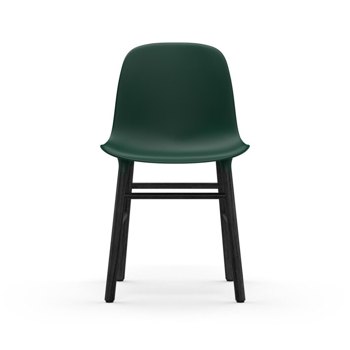 Pohľad spredu na zelenú jedálenskú stoličku s čiernymi dubovými nohami