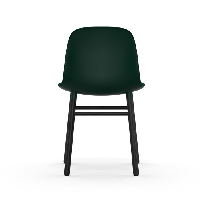 Zadná strana zelenej jedálenskej stoličky s čiernymi dubovými nohami
