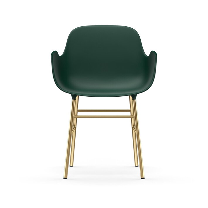 Zelená plastová jedálenská stolička s podrúčkami a s mosadznými nohami