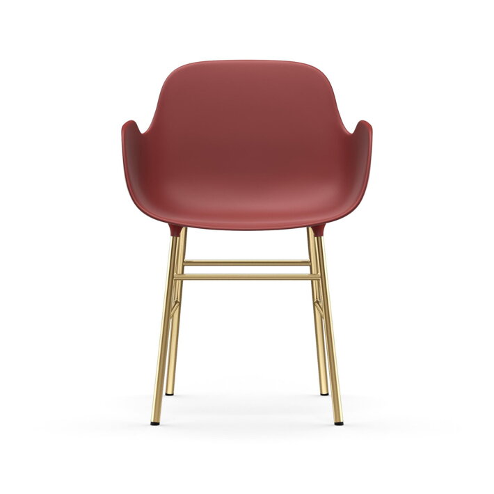 Červená plastová jedálenská stolička s podrúčkami a s mosadznými nohami