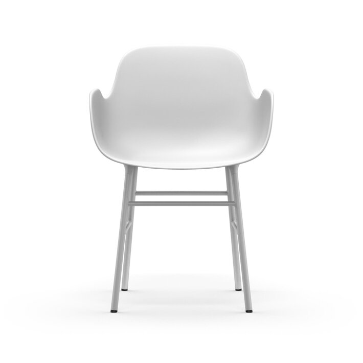 Biela plastová jedálenská stolička s podrúčkami a s nohami z ocele 