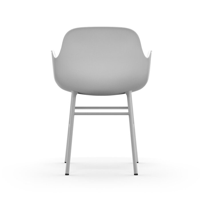 Pohľad zo zadu na plastovú jedálenskú stoličku s podrúčkami v bielej farbe s oceľovými nohami