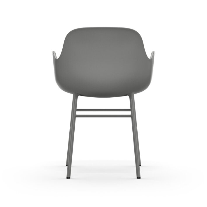Bočný pohľad na plastovú jedálenskú stoličku s podrúčkami v sivej farbe s oceľovými nohami