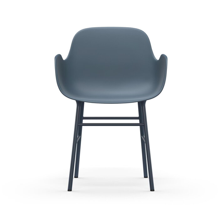 Modrá plastová jedálenská stolička s podrúčkami a s nohami z ocele modrej farby
