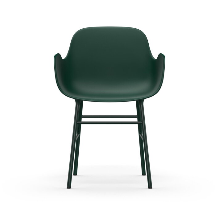 Zelená plastová jedálenská stolička s podrúčkami a s nohami z ocele zelenej farby