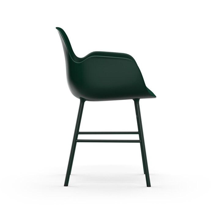 Bočný pohľad na plastovú jedálenskú stoličku s podrúčkami v zelenej farbe so zelenými oceľovými nohami