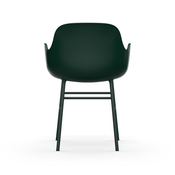 Pohľad zo zadu na plastovú jedálenskú stoličku s podrúčkami v zelenej farbe so zelenými oceľovými nohamiBočný pohľad na plastovú jedálenskú stoličku s podrúčkami v zelenej farbe so zelenými oceľovými nohami