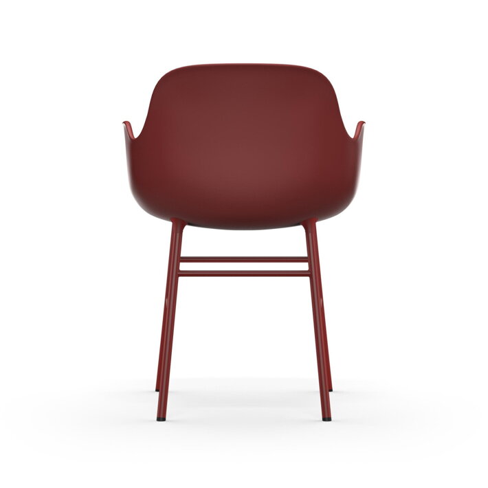 Pohľad zo zadu na plastovú jedálenskú stoličku s podrúčkami v červenej farbe s oceľovými nohami