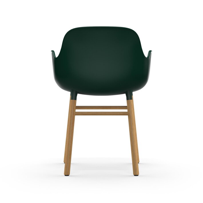 Pohľad zo zadu na plastovú jedálenskú stoličku s podrúčkami v zelenej farbe s dubovými nohami