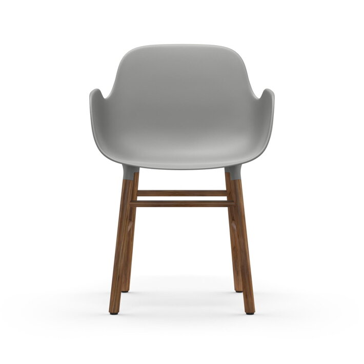 Sivá plastová jedálenská stolička s podrúčkami a s nohami z orechového dreva