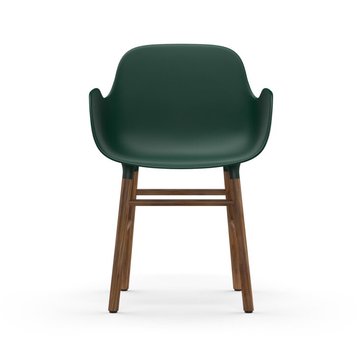 Zelená plastová jedálenská stolička s podrúčkami a s nohami z orechového dreva