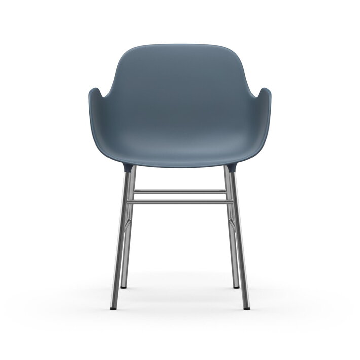 Modrá plastová jedálenská stolička s podrúčkami a s chrómovými nohami 