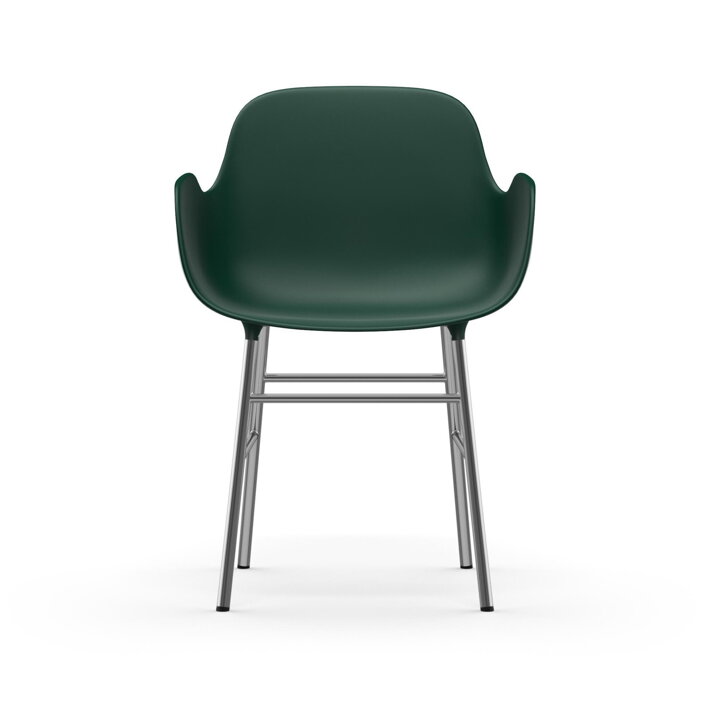 Zelená plastová jedálenská stolička s podrúčkami a s chrómovými nohami