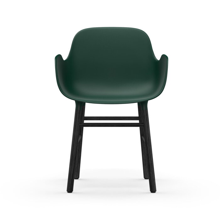 Zelená plastová jedálenská stolička s podrúčkami a s čiernymi dubovými nohami