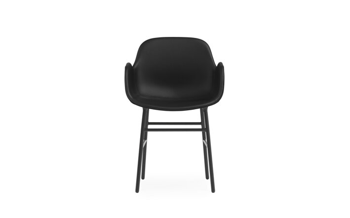 Čierna kožená jedálenská stolička s podrúčkami s čiernymi oceľovými nohami