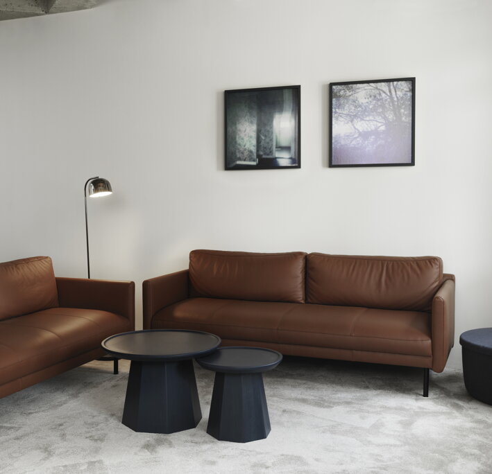 Kožené dizajnové pohovky v hnedej farbe v obývačke s príručnými stolíkmi