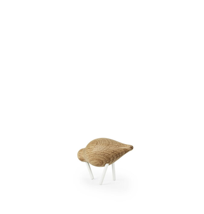 Malý dizajnový vtáčik z dubového dreva s bielymi kovovými nohami