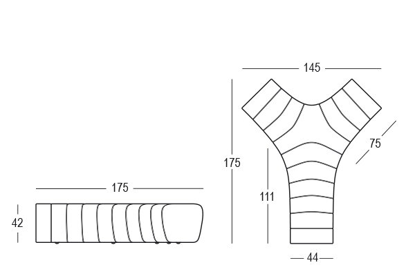 Technický nákres 2D rozmery modulárnej lavice Jetlag s osvetlením