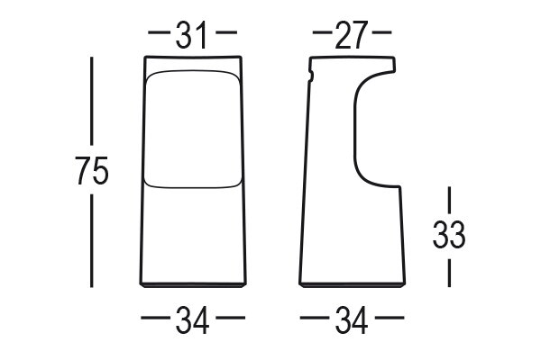 Technický nákres 2D rozmery vysokého príručného stolíka/stoličky Fura