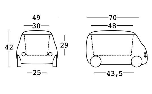 Technický nákres 2D rozmery detského úložného boxu Plust Van