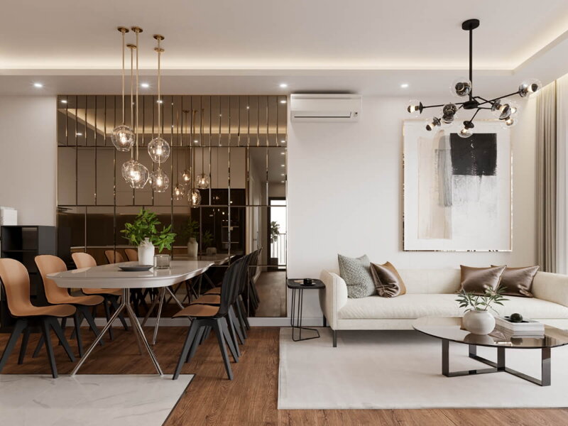 Moderná obývačka a jedáleň jednoizbového bytu.