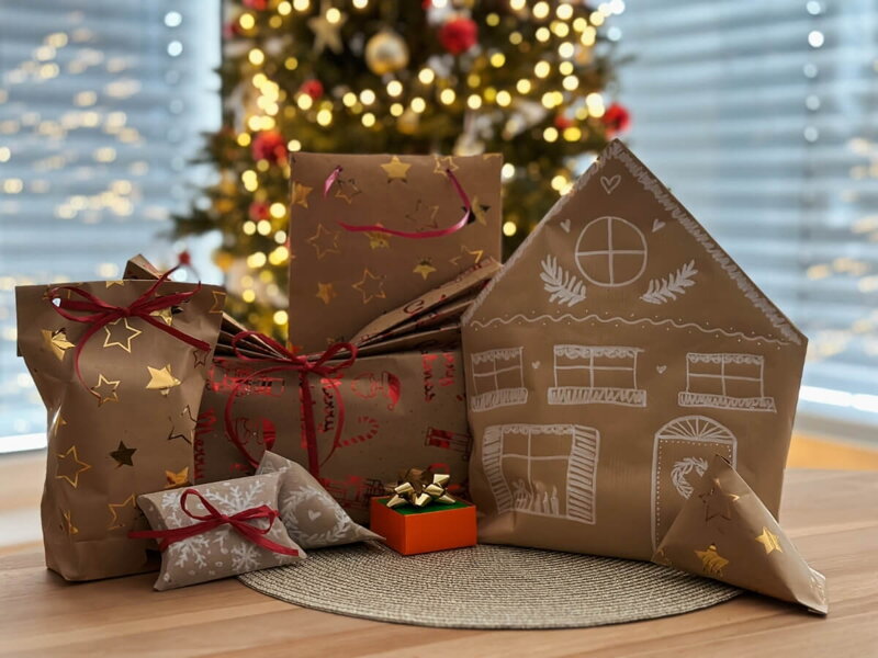 Vyrobené vianočné darčekové tašky.