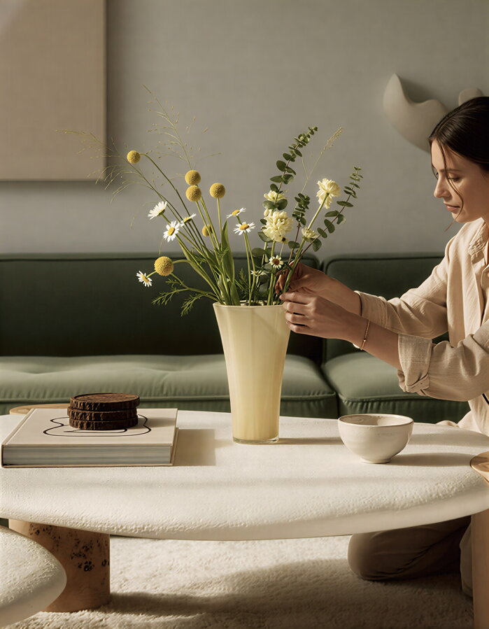 Kytica kvetov v maslovo žltej sklenenej váze s hexagonálnou základňou na bielom konferenčnom stolíku, kde žena aranžuje kyticu.